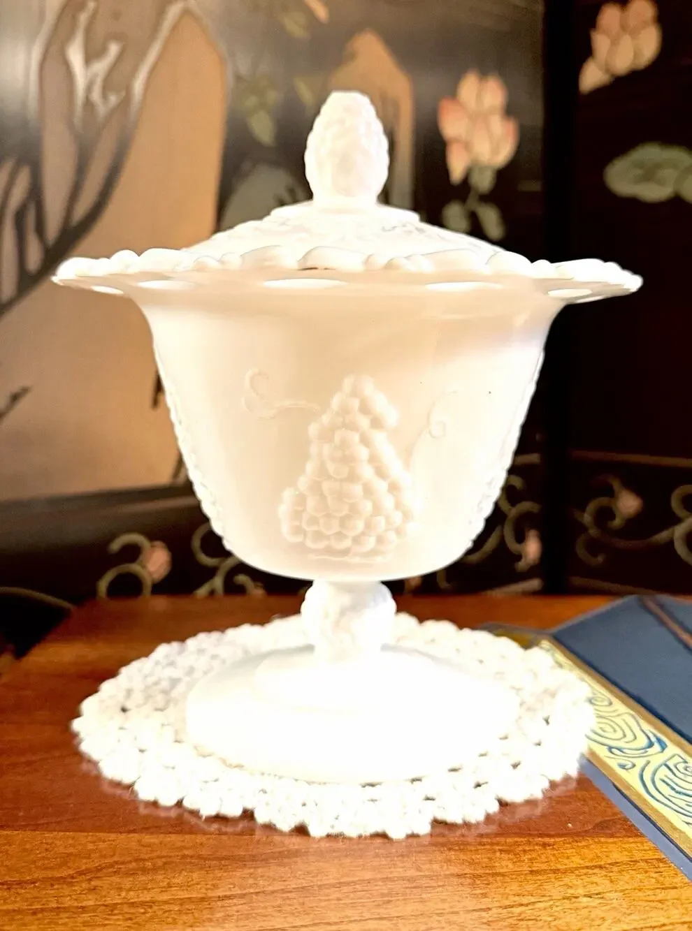 Vintage Milk Glass Covered Compote Candy Dish Grape Vine Pedestal Open Lace